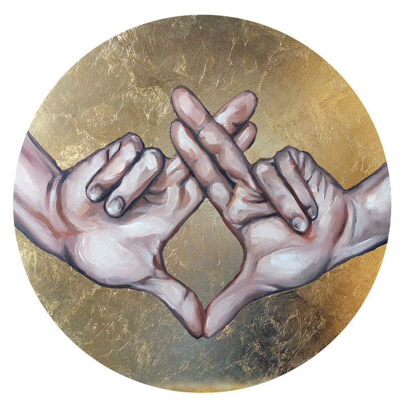 VENDUE/SOLD As Above, So Below (2023), Jonathan Sardelis, oil and gold leaf (imitation) on wooden tondo, 35,5 cm