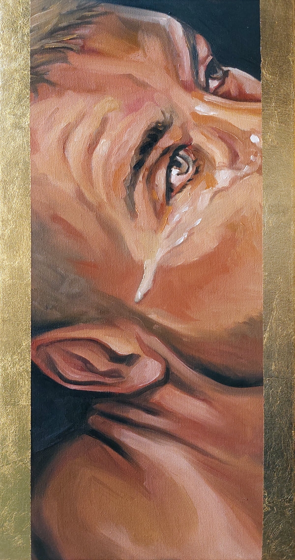 Humilitas (2023), Jonathan Sardelis, oil and gold leaf (imitation) on canvas, 51 x 25,5 cm