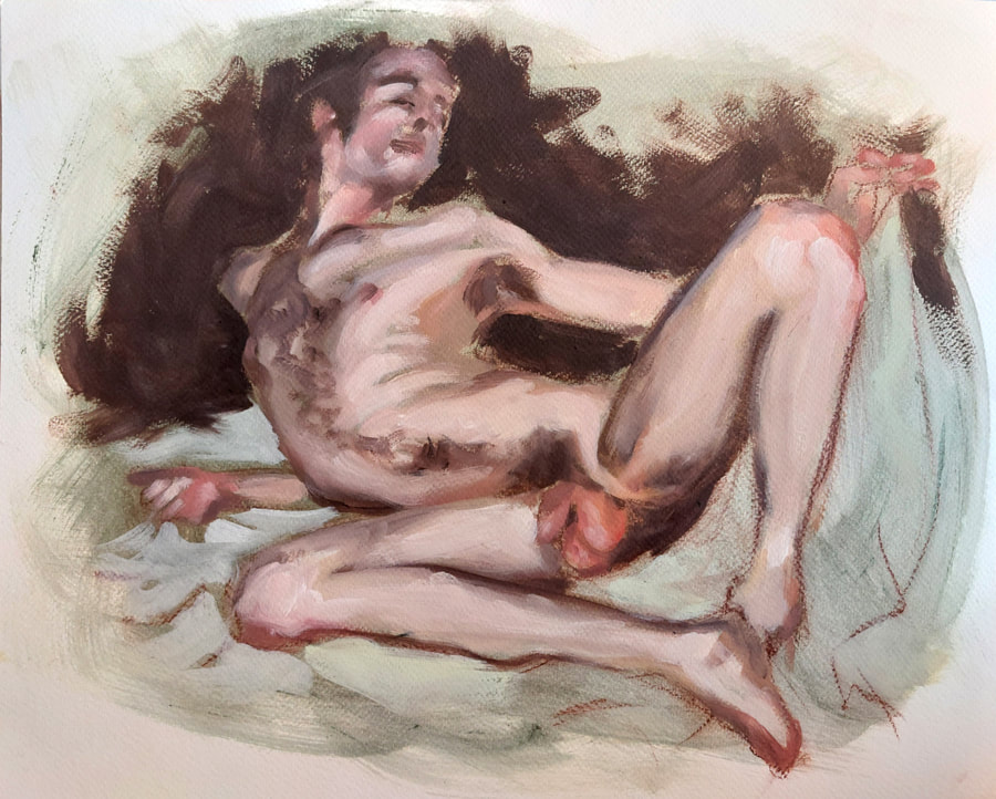 Nu en croissant de lune (2020), Jonathan Sardelis, oil on paper, 35 x 43 cm