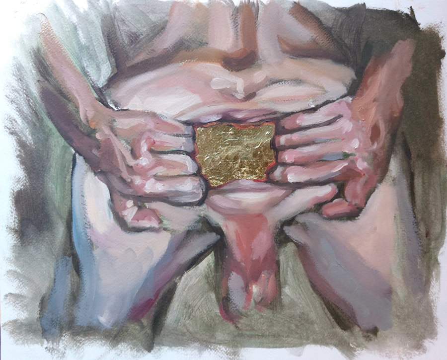 Teocuitlatl - croquis (2019), Jonathan Sardelis, oil on paper, gold leaf (imit.), 35 x 43 cm