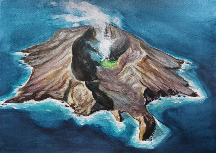 Whakaari/White Island (2022), Jonathan Sardelis, watercolour on paper, 28 x 38 cm