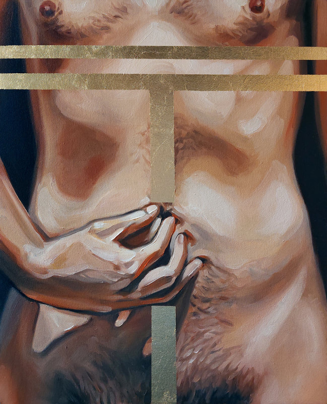 VENDUE/SOLD La croix de Tau (2023), Jonathan Sardelis, oil and gold leaf (imitation) on canvas, 51 x 40,5 cm