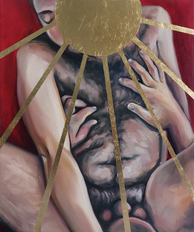 Le soleil alchimique (2023), Jonathan Sardelis, oil and gold leaf (imitation) on canvas, 61 x 51 cm